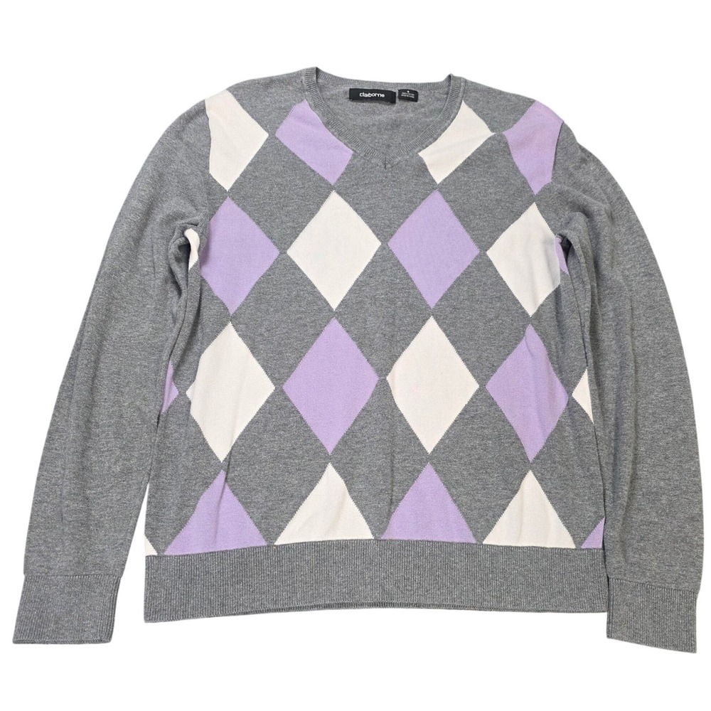 Claiborne Argyle V-Neck Sweater Men's‎ Size Small Gray Purple White 100% Cotton